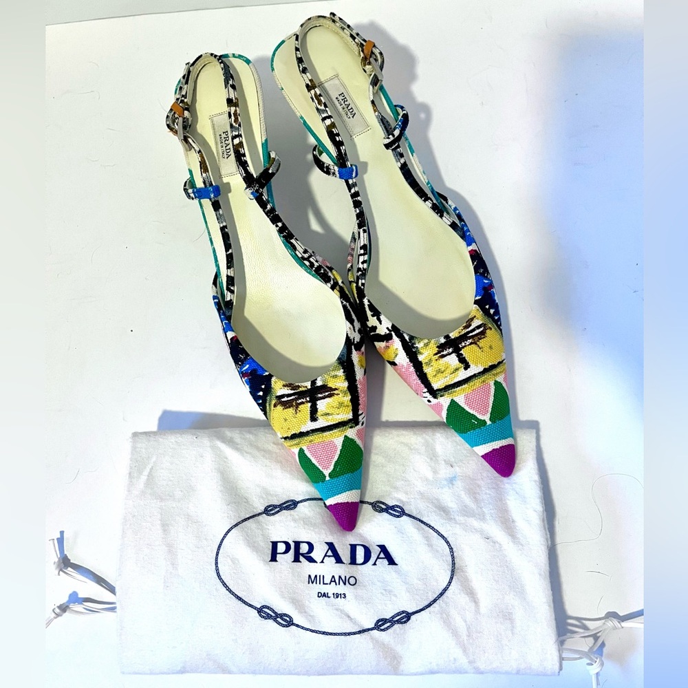 Prada Canvas Printed Slingback Kitten Heel Pumps
